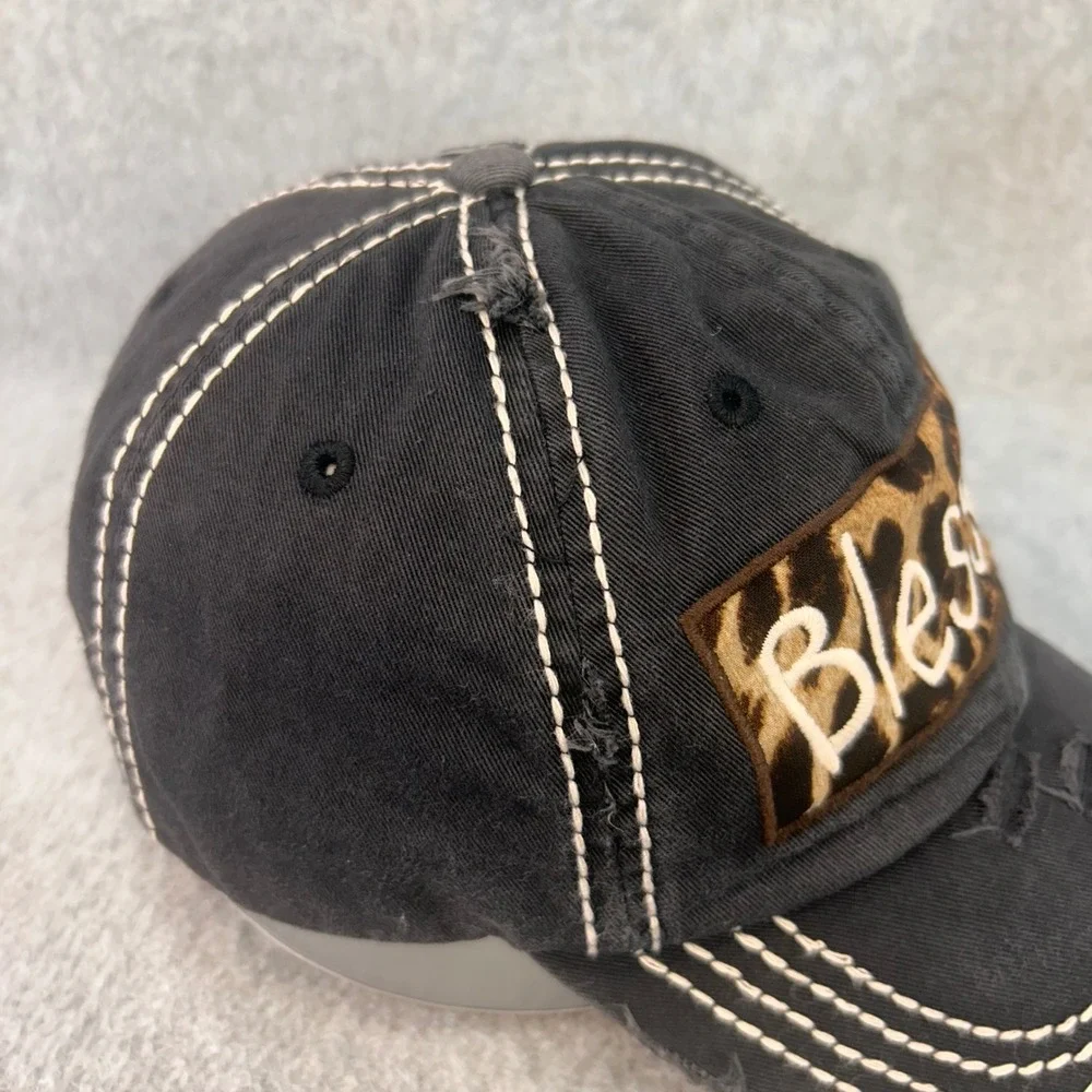Blessed Leopard Patch Womens Black KBETHOS Vintage Baseball Hat‎ Distressed OSFM